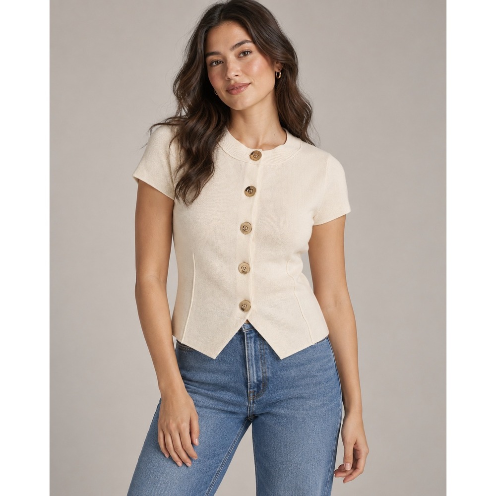 Anthropologie Maeve Cream Crew-Neck Split-Hem Cardigan Sz Womens XS